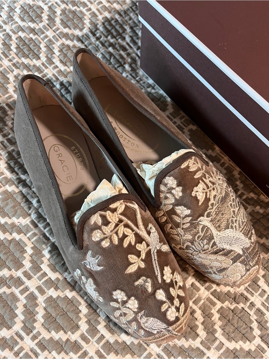 Stubbs & Wootton Shoes - Gracie by Stubbs and Wootton Embroidered Velvet Loafers in Brown size 8